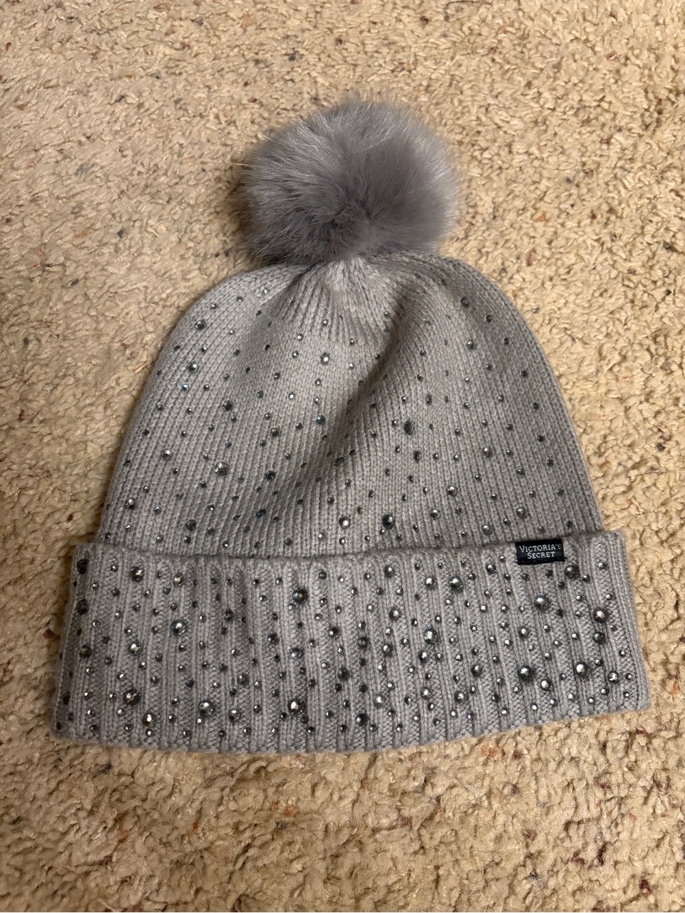 Victoria's Secret Gray Rhinestone Pom-Pom Knit Hat